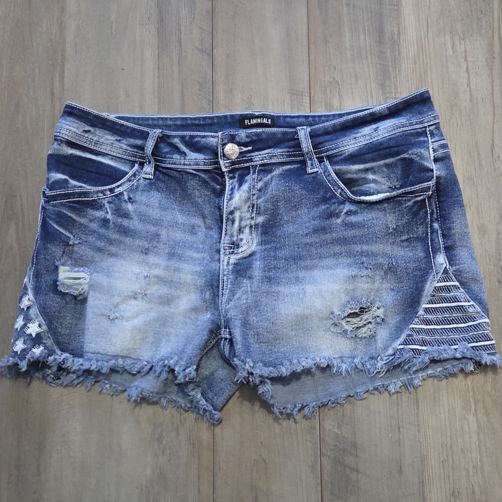 Flamingals Distressed Blue Denim Shorts Stars & Stripes USA Women Sz XL Patriot